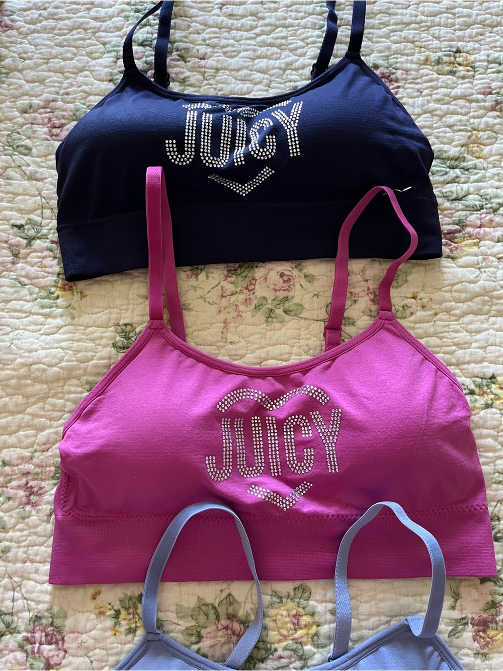 Juicy Couture Black, Pink & Lavender Rhinestone Logo Seamless Bralettes - 3 Pack - Picture 5 of 6